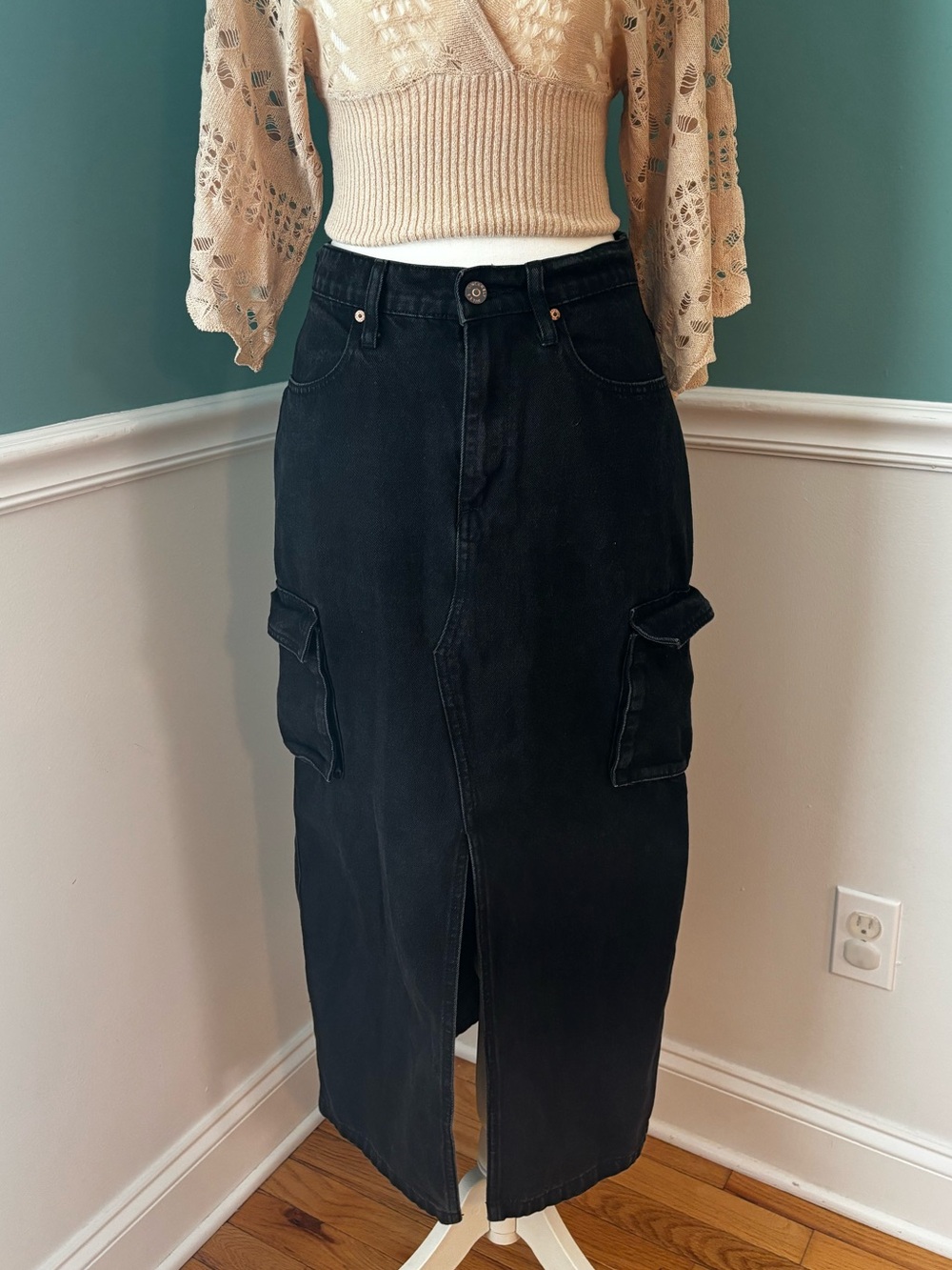 Sincerely Jules Black Cargo Denim Maxi Skirt Y2K Utility Grunge 7/27 Front Slit